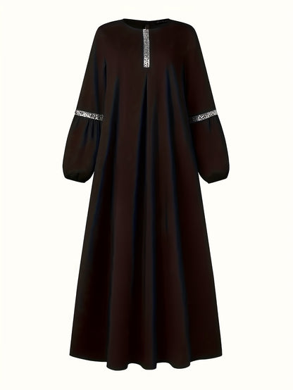 [Elegant Sequin Abaya Dress] Polyester Elegant Sequin Decorative Ladies Abaya Kaldan Dress - Humble Long Sleeves, Round Neck, Perfect For Spring/summer/fall