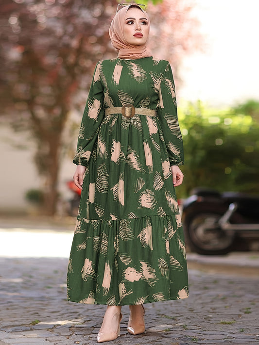 Long Sleeve Ramadan All Over Print Crew Neck Maxi Kaftan, Casual Women's Clothing