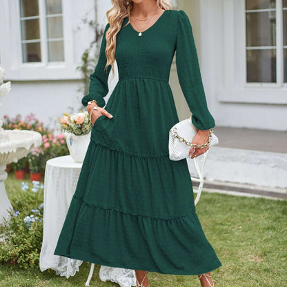 Women's Long Sleeve Swiss Dot V-Neck Maxi Dress with Pockets - D&M Boutique 