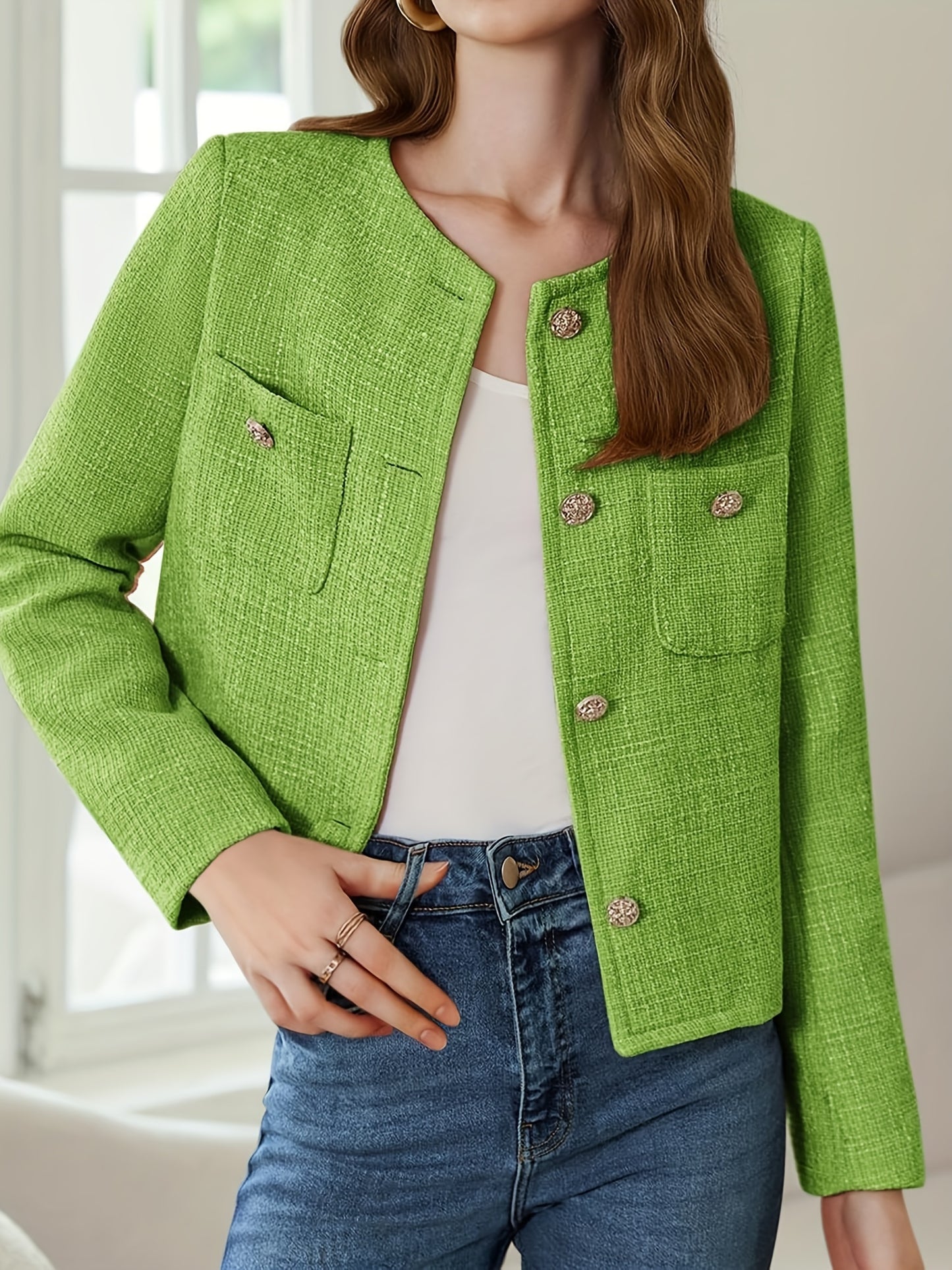 [Office Ready] Women's Elegant Purple Tweed Jacket - Long Sleeve Button Cropped Blazer with Pockets, Soft Polyester Fabric, Perfect for Fall/Winter Business Casual Style, Business Casual Wear | Buttonup Jacket | Textured Twee