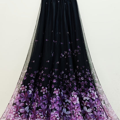 A Long Skirt That Flatters The Figure, Concealing Imperfections, Made of High-Quality Three-Layer Mesh Fabric with Floral Prints, Featuring a High Waist And a Flared Design.