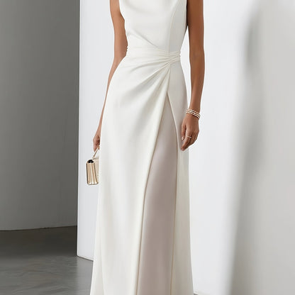 Sleeveless Gauze Pleated Solid Color Split-Joint Round-Neck Evening Dresses Maxi Dresses