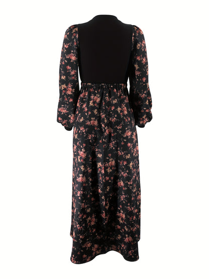 Women's Middle Eastern-Inspired Floral Print Maxi Dress - Polyester-Spandex Blend, Machine Washable, All-Season Versatile Wear, Elegant Casual to Formal Occasion Dress