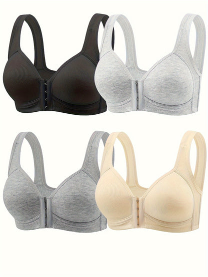 4pcs Women'S Elegant Seamless Push-Up Bras- Front Closure, Breathable Nylon, Non-Padded Comfort Fit, Beige& Black for Casual Attire& Casual Outfits, Wirefree Bras, Sleek Bra Design, Smooth Texture Finish
