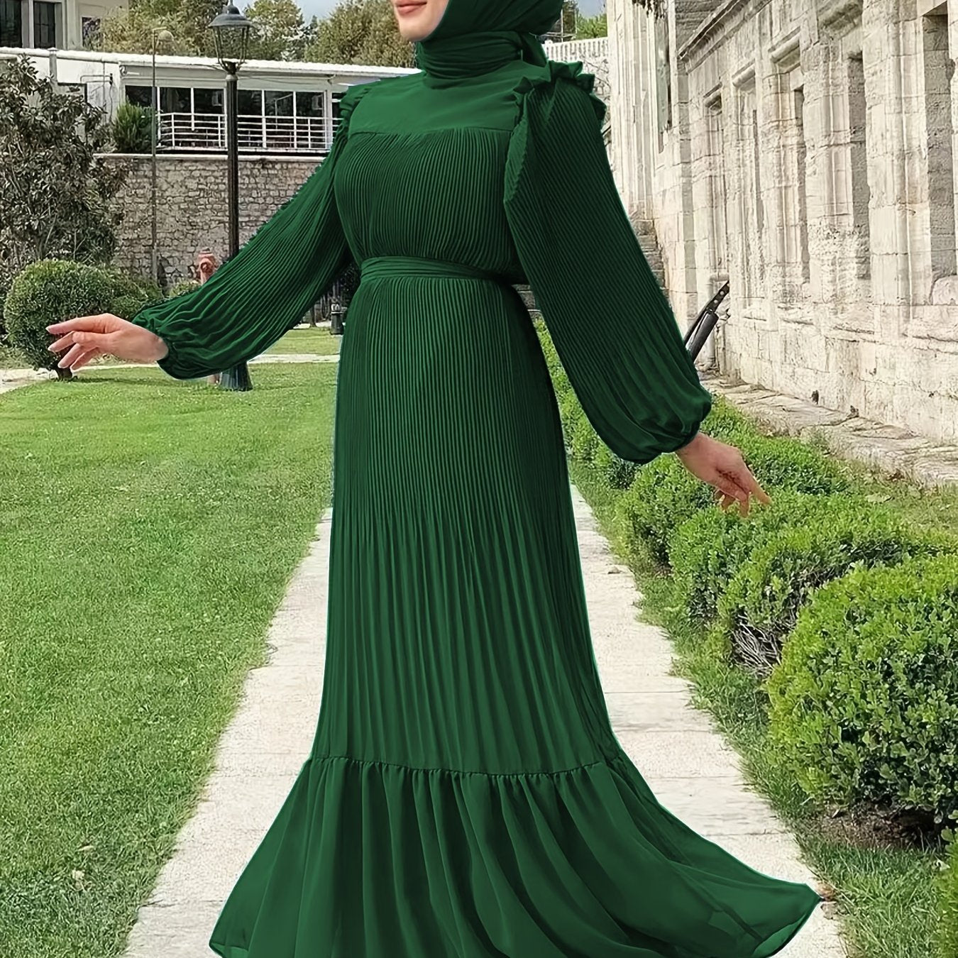 Women's Middle Eastern Muslim Abaya Kaftan Dress - Modest Long Sleeve Ruffled Hem Solid Color Traditional Dress with Belt, Machine Washable All-Season Casual Wear, Modest Apparel | Soft Texture