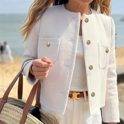 [Office Ready] Women's Elegant Purple Tweed Jacket - Long Sleeve Button Cropped Blazer with Pockets, Soft Polyester Fabric, Perfect for Fall/Winter Business Casual Style, Business Casual Wear | Buttonup Jacket | Textured Twee