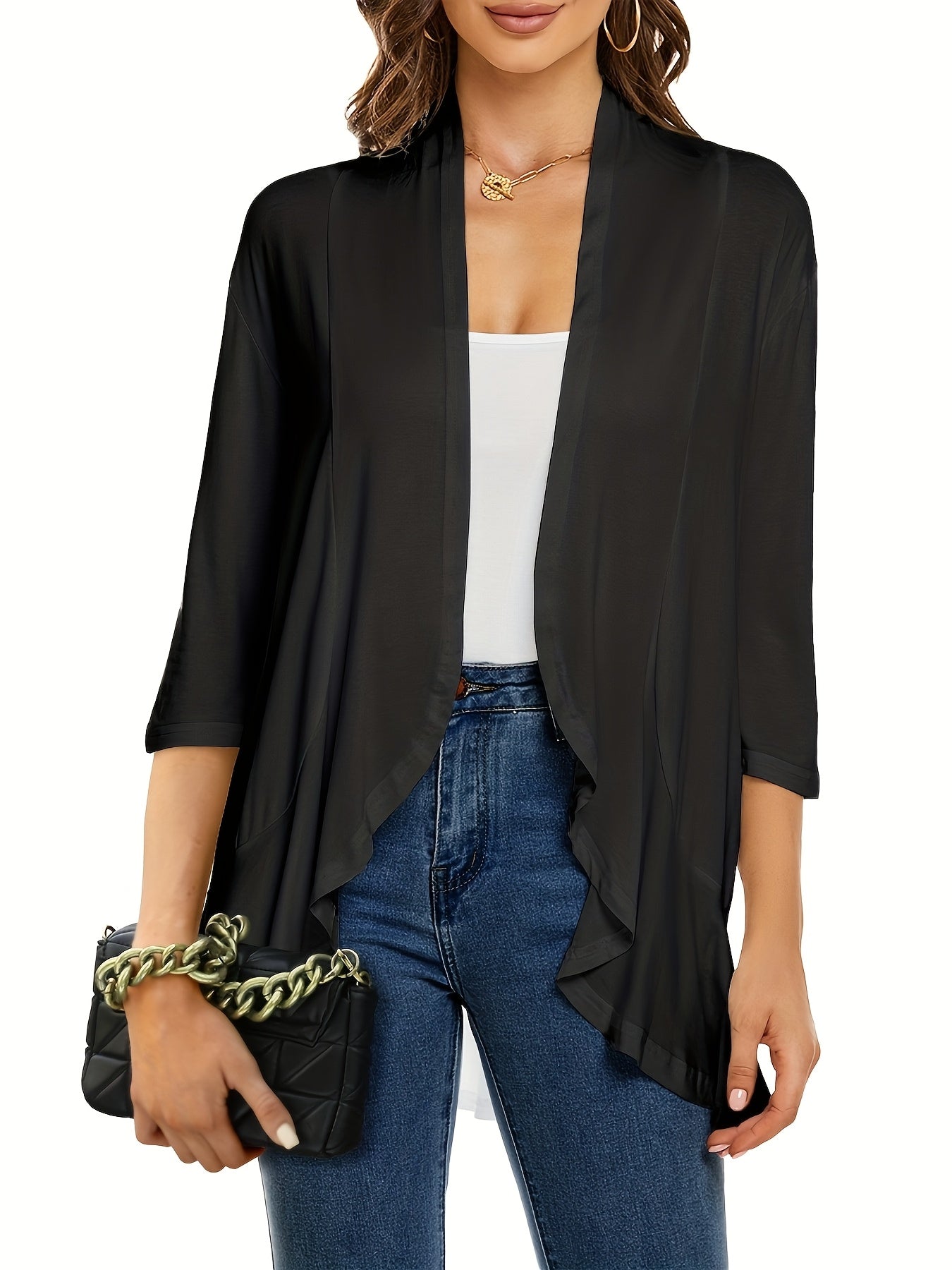[Lightweight Ruffled Cardigan] Lightweight Women's Light Pink Ruffled Cardigan | Casual Open Front Sweater with Asymmetrical Hem, Long Sleeves, and Button Details for Fall & Winter
