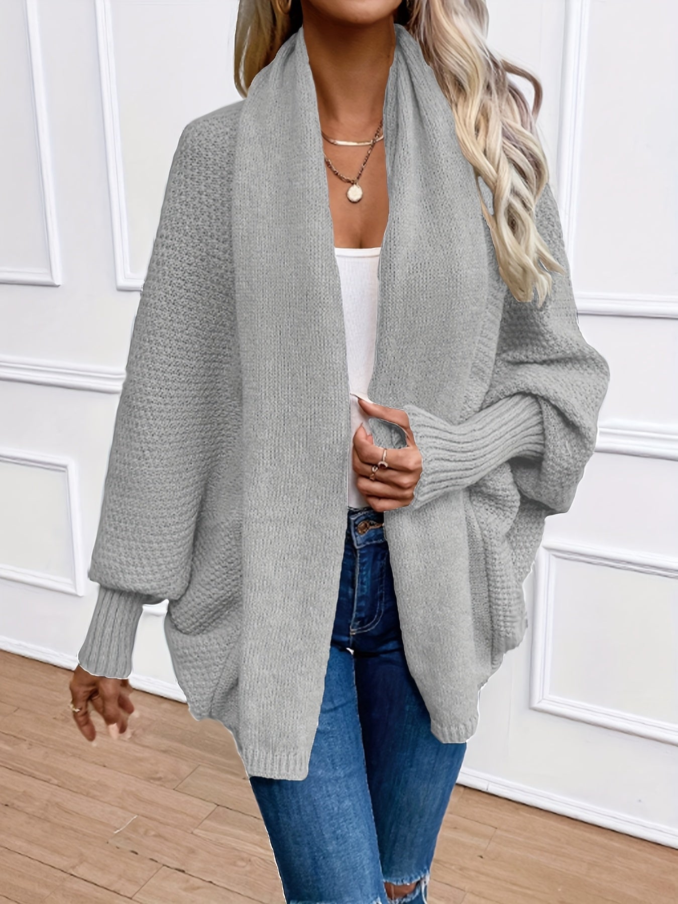 [Elegant Cardigan] Lightweight Polyester Elegant Women's Solid Color Bell Sleeve Cardigan | Contrast Collar, Perfect for Spring/Fall & Winter, Autumn Winter Fashion