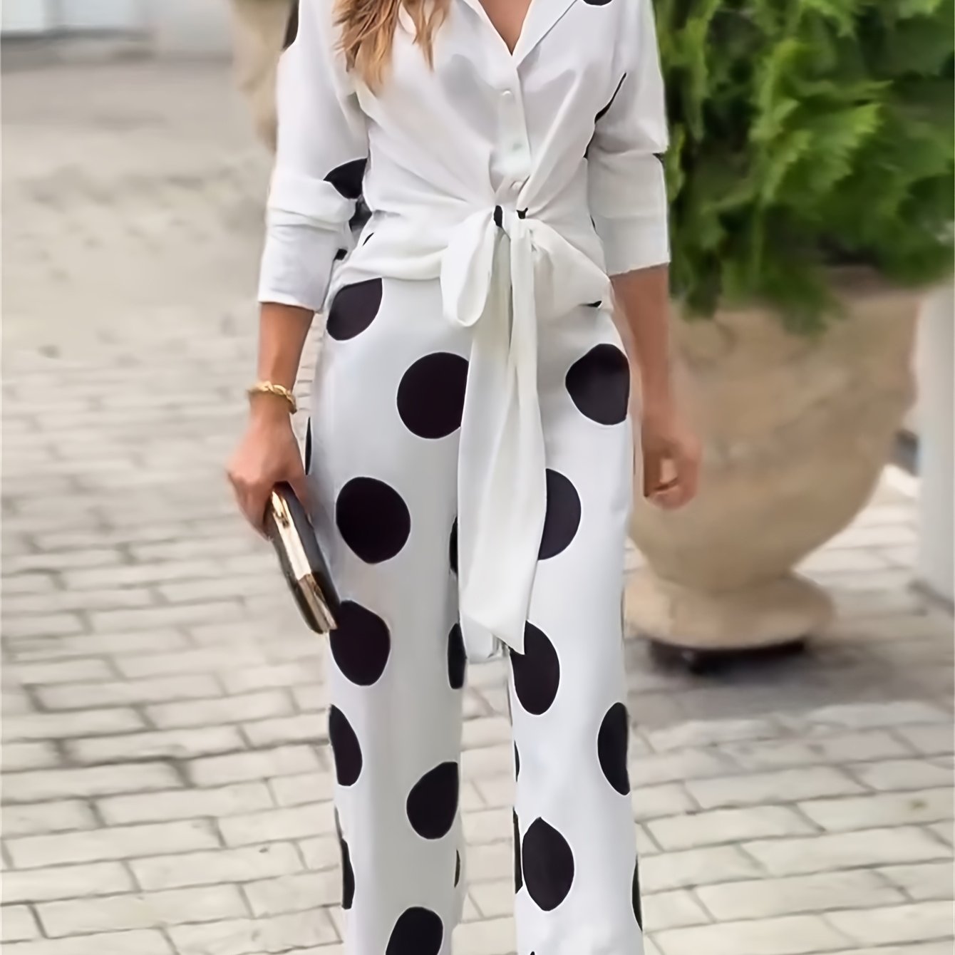 Polka Dot Outfit Set – Blouse & Wide Leg Pants