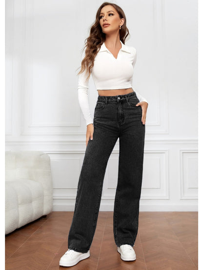 Women's High Waist Stretchy Jeans - Non-See-Through Washed Denim Pants with Straight Leg Fit, Stretchy Fabric for Everyday & Formal Outfits - Machine Washable All-Season Women's Pants, Street Style, Sleek Silhouette, Comforta