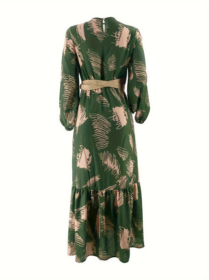 Long Sleeve Ramadan All Over Print Crew Neck Maxi Kaftan, Casual Women's Clothing