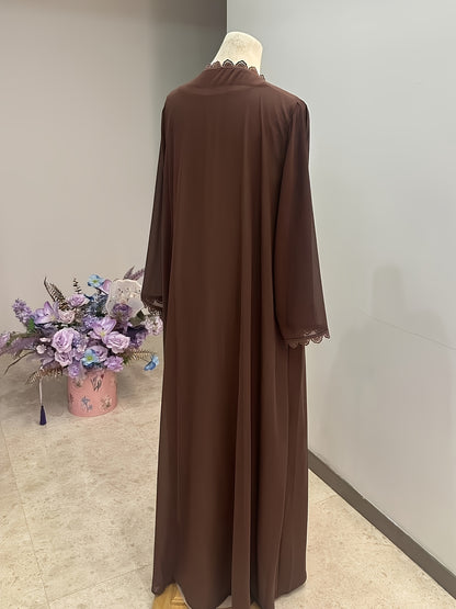Middle Eastern Muslim Fashion Long Sleeve Embroidered Contrast Lace Abaya Dress with Hijab Three-Piece Set