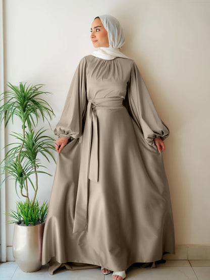 Elegant Satin Abaya with Lantern Sleeves and Belt - Long, Flowing Maxi Dress for Women, Perfect for Festivals and Special Occasions, Festival Attire|Sleek Fitted Design|Polyester Fabric