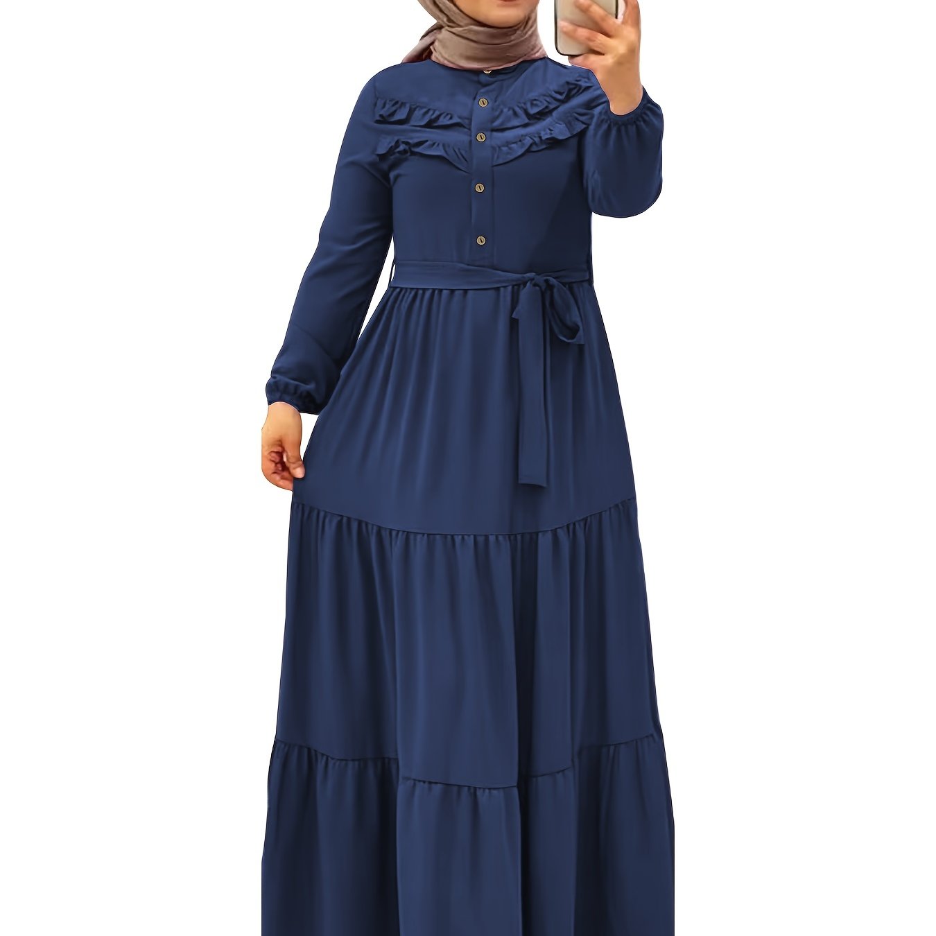 [Light Green Maxi Dress] Casual Light Green Polyester Maxi Dress - Elegant Solid Color with Ruffle Hem & Button Detail, Machine Washable - Hijab Not Included