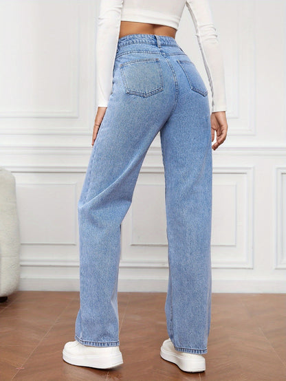 Women's High Waist Stretchy Jeans - Non-See-Through Washed Denim Pants with Straight Leg Fit, Stretchy Fabric for Everyday & Formal Outfits - Machine Washable All-Season Women's Pants, Street Style, Sleek Silhouette, Comforta