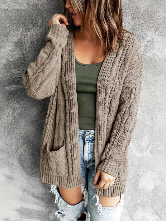Women'S Elegant Cable Cardigan - Open Front Sweater with Side Pockets, Soft Sweater for Fall/Winter, Office, Party, Everyday Outfits - Women'S Sweater, Ladies Sweaters, Fall Wardrobe, Classic Knitwear, Cozy Material, Versatil