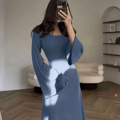 Solid Color Women'S Ribbed Knit Dress with Long Bell Sleeves, Round Neck, And Back Tie.