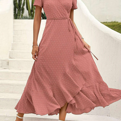 Elegant Women's Swiss Dot Surplice Neck Maxi Dress - D&M Boutique 