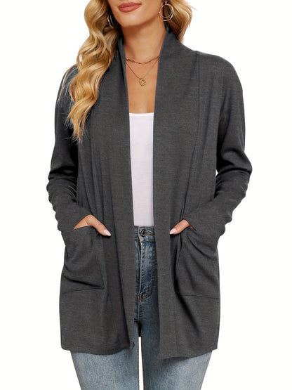 Spring & Autumn Women's Casual Solid Color Cardigan – Open Placket with Double Pocket Design