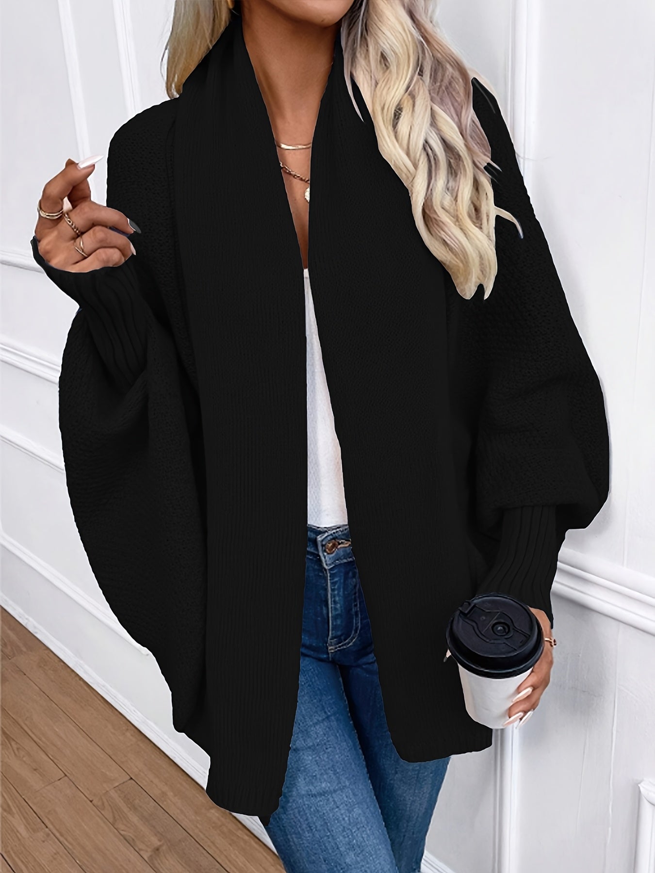 [Elegant Cardigan] Lightweight Polyester Elegant Women's Solid Color Bell Sleeve Cardigan | Contrast Collar, Perfect for Spring/Fall & Winter, Autumn Winter Fashion