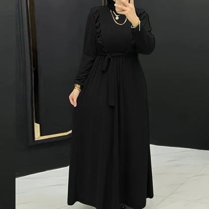 Elegant, Comfortable Solid Color Maxi Dress for Women - Polyester & Spandex Blend, Machine Washable, Belt Detail, Perfect for All Seasons