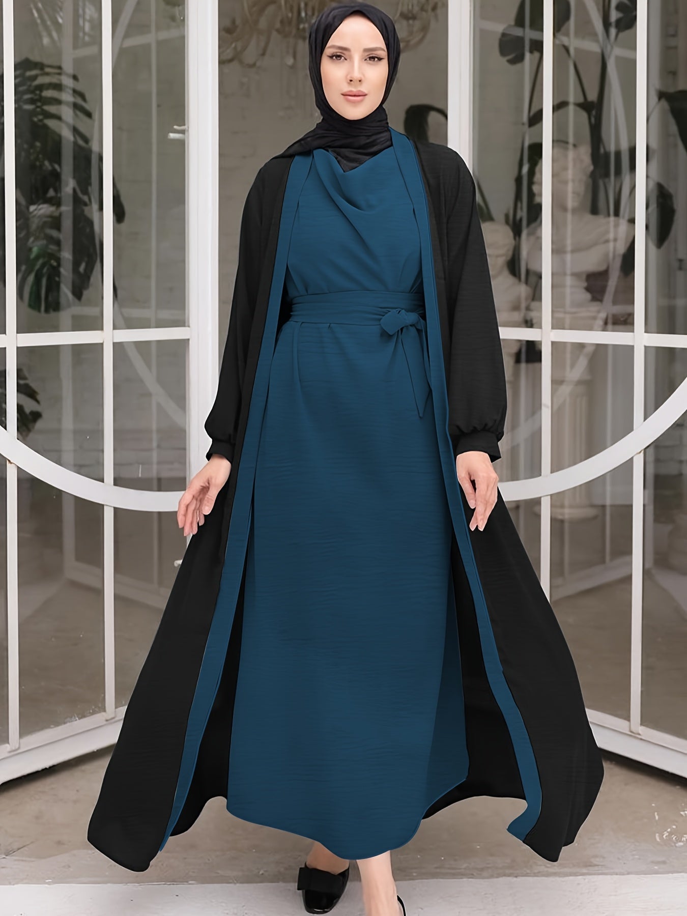 [Polyester Elegant Dress] Elegant Middle Eastern Muslim Style Long Sleeveless Dress with Belt | Polyester Fabric, Solid Color, Casual Fashion, All-Season Wear, Includes Contrast Color Long Jacket, No Headscarf