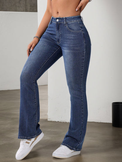 Women'S Stretchy Casual Flare Jeans - Versatile High-Waisted Bell Bottoms with Slash Pockets, Light Wash Blue, Comfortable & Stylish for All Seasons, High Waisted Jeans, Allseason Fashion, Elegant Design, Durable Fabric