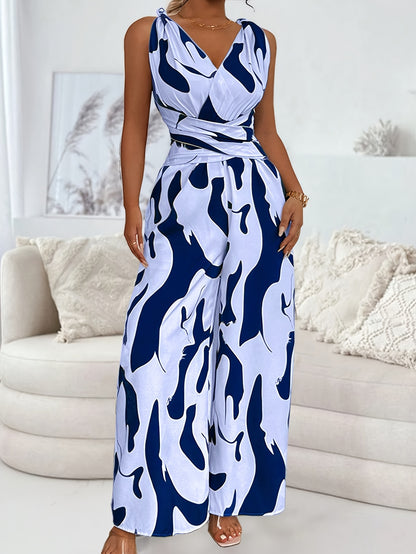 1pc Women'S Fashionable Random Print Backless Jumpsuit