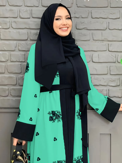 Ramadan Floral Charm - Crew Neck Long Sleeve Kaftan Abaya Dress with Belted Waist - A Stylish Casual Choice for Women, Hijab-Free