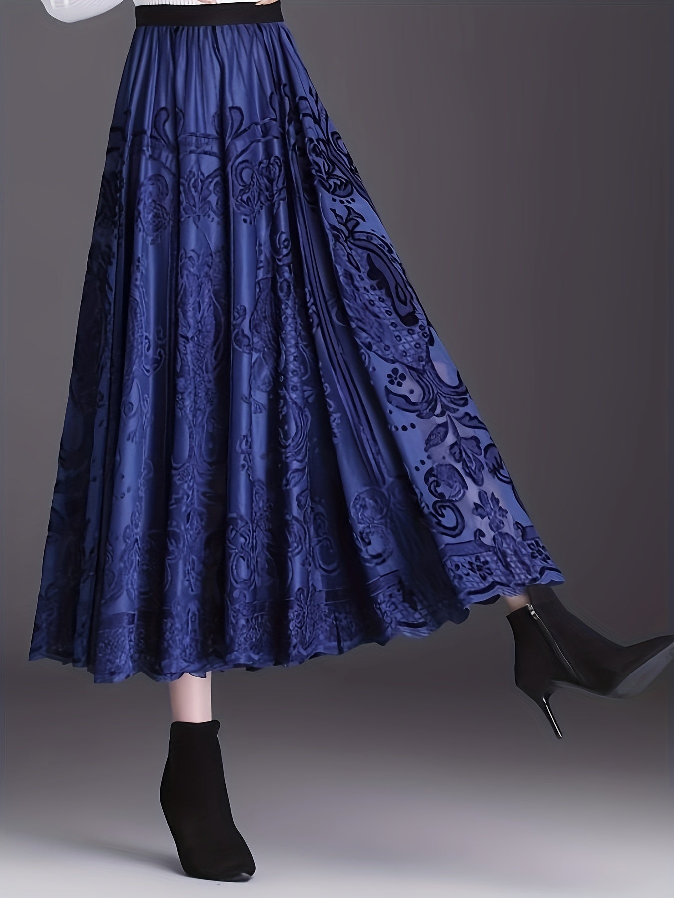 [Elegant Floral Lace Skirt] High-Waist A-Line Midi Skirt - Elegant Floral Lace, 100% Polyester Knit Fabric, Contrast Lace Detail - Women's, Spring/Fall Season