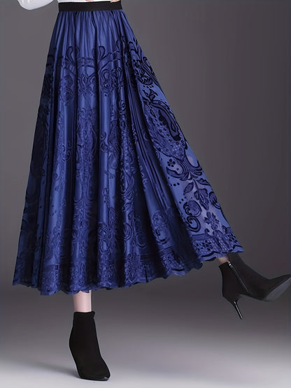 [Elegant Floral Lace Skirt] High-Waist A-Line Midi Skirt - Elegant Floral Lace, 100% Polyester Knit Fabric, Contrast Lace Detail - Women's, Spring/Fall Season