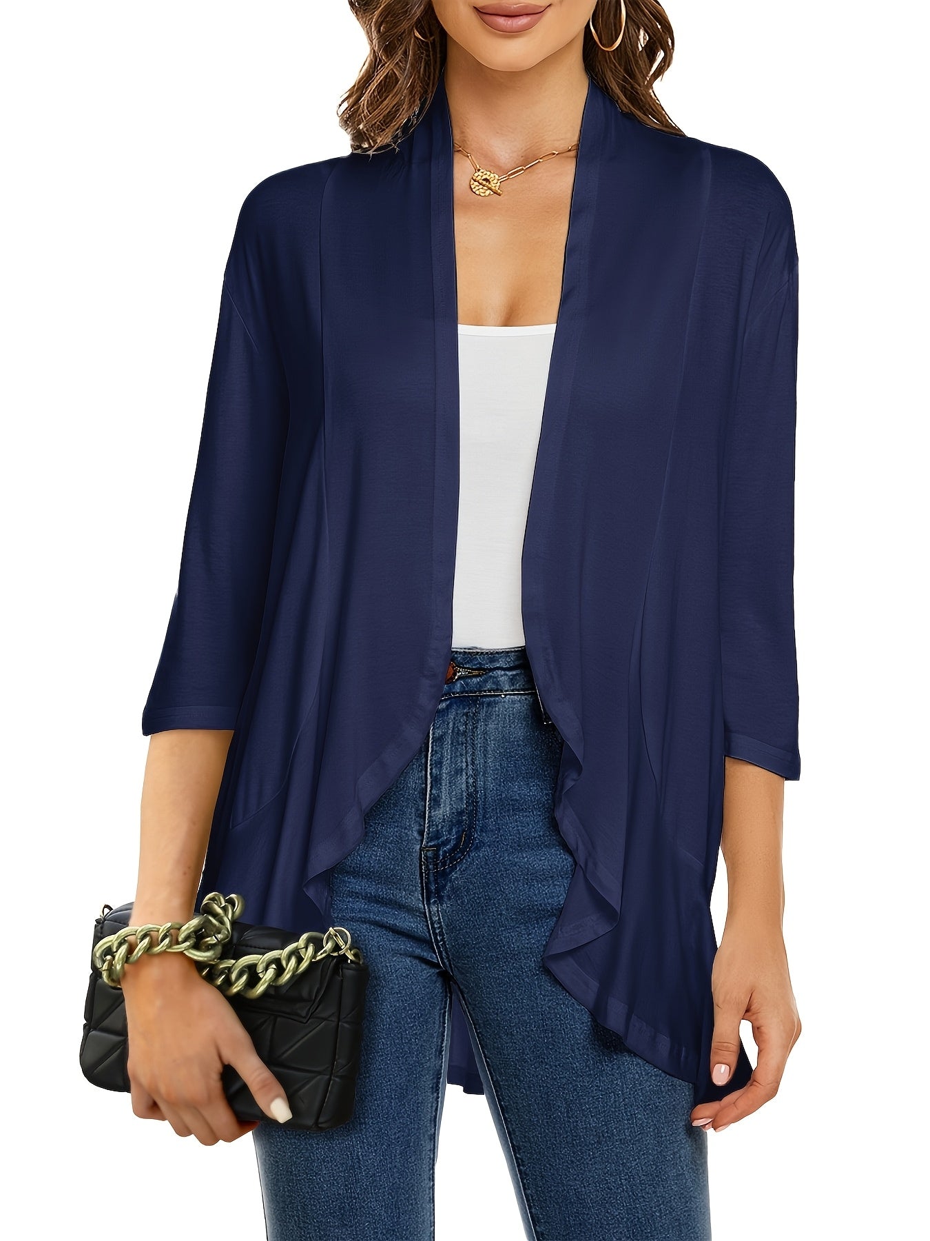 [Lightweight Ruffled Cardigan] Lightweight Women's Light Pink Ruffled Cardigan | Casual Open Front Sweater with Asymmetrical Hem, Long Sleeves, and Button Details for Fall & Winter