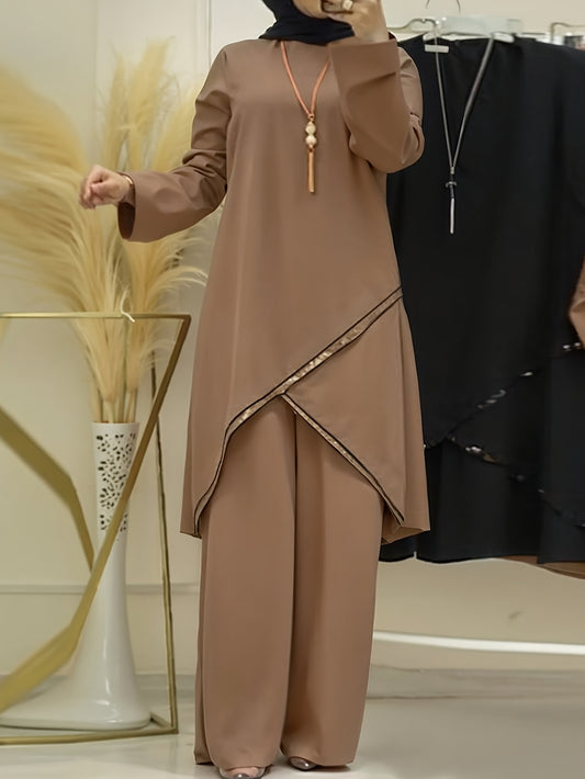 Women'S Traditional Arabian Attire - Elegant Long Sleeve Abaya with Cross-Front Detail & Matching Pants, Solid Color All-Season Polyester Modest Cover-Up, Middle Eastern Cultural Fashion for Casual & Formal Occasions, Muslim