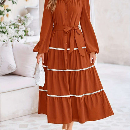 Women'S Spring Casual Dress Loose Drawstring Lantern Sleeve Long Sleeve Tier Dress With Pockets