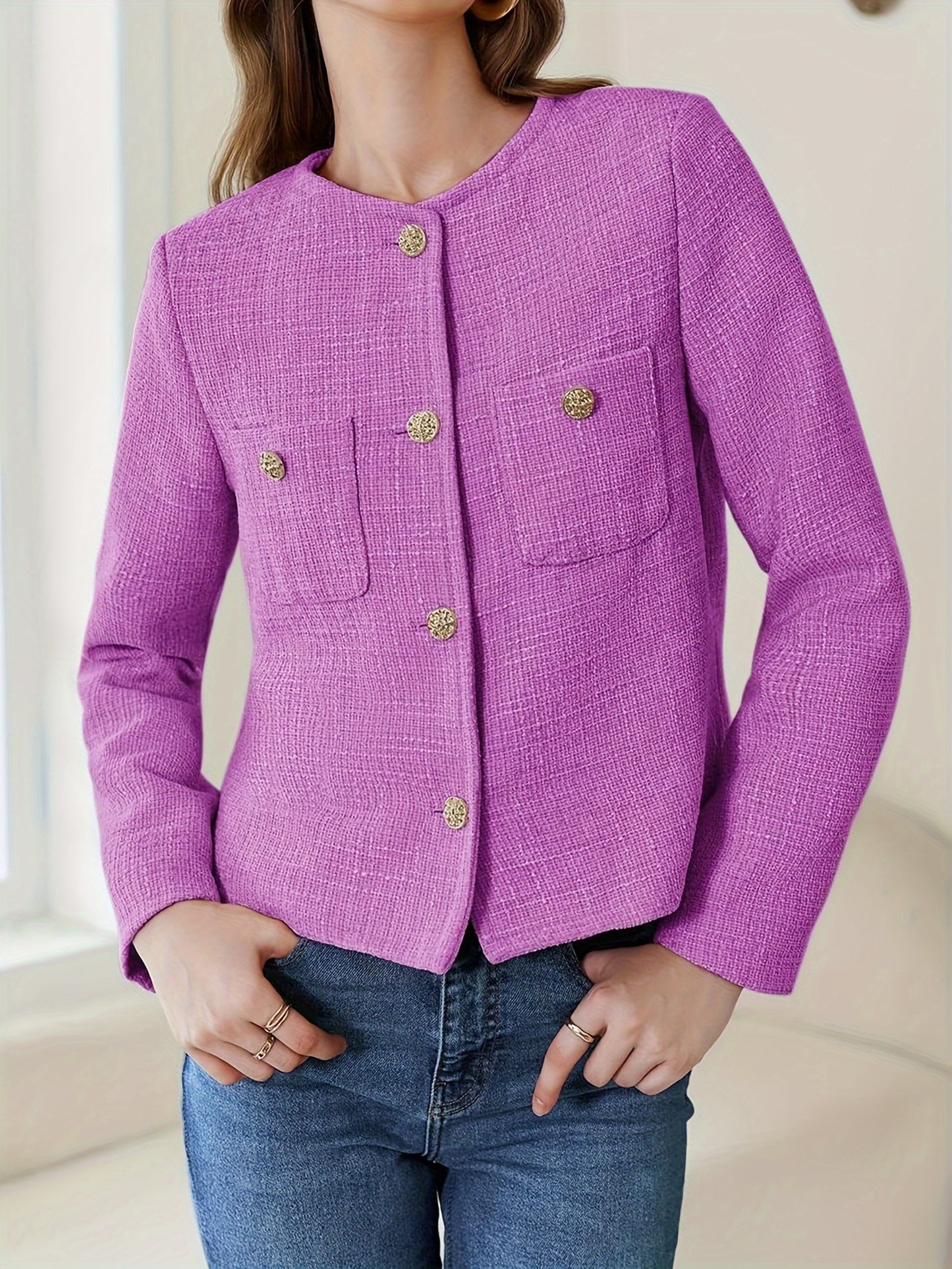 [Office Ready] Women's Elegant Purple Tweed Jacket - Long Sleeve Button Cropped Blazer with Pockets, Soft Polyester Fabric, Perfect for Fall/Winter Business Casual Style, Business Casual Wear | Buttonup Jacket | Textured Twee