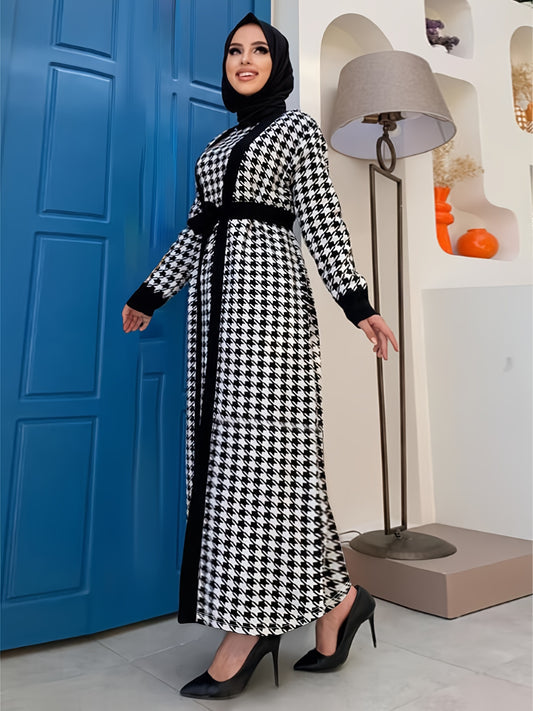 [Seasonal Chic, Elegant Hijab Suit] Elegant Houndstooth Hijab Suit Set - Chic Long Sleeve Cardigan with Belt & Maxi Dress Combo, Polyester Blend, Machine Washable - Perfect for Fall/Winter
