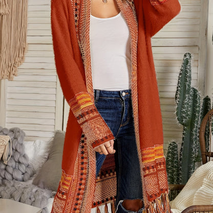 Women Boho Cardigan Sweater Long Open Front Maxi Knit Sweaters Aztec Tribal Tassel Fringe Thin Coat