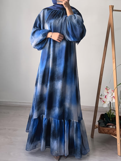 Elegant Long Dress with a Round Neck, Tie-Dye Design, And Waist Belt, Perfect for Casual Gatherings And Vacations in The Middle East for Muslim Women (Headscarf Not Included).