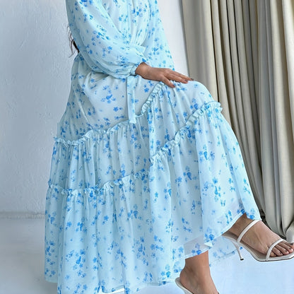 Stunning Floral Print Crew Neck A-Line Dress - Elegant Long Sleeve, Tiered Hem, Comfortable Fit, Versatile Occasion Wear - Womens Clothing for Everyday Elegance