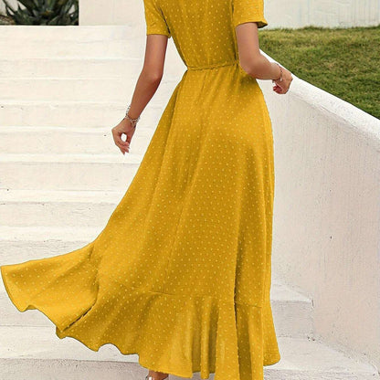 Elegant Women's Swiss Dot Surplice Neck Maxi Dress - D&M Boutique 
