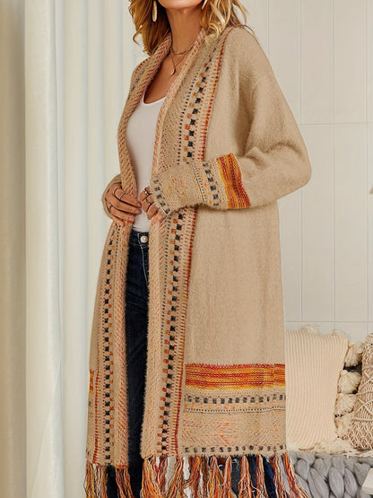 Women Boho Cardigan Sweater Long Open Front Maxi Knit Sweaters Aztec Tribal Tassel Fringe Thin Coat