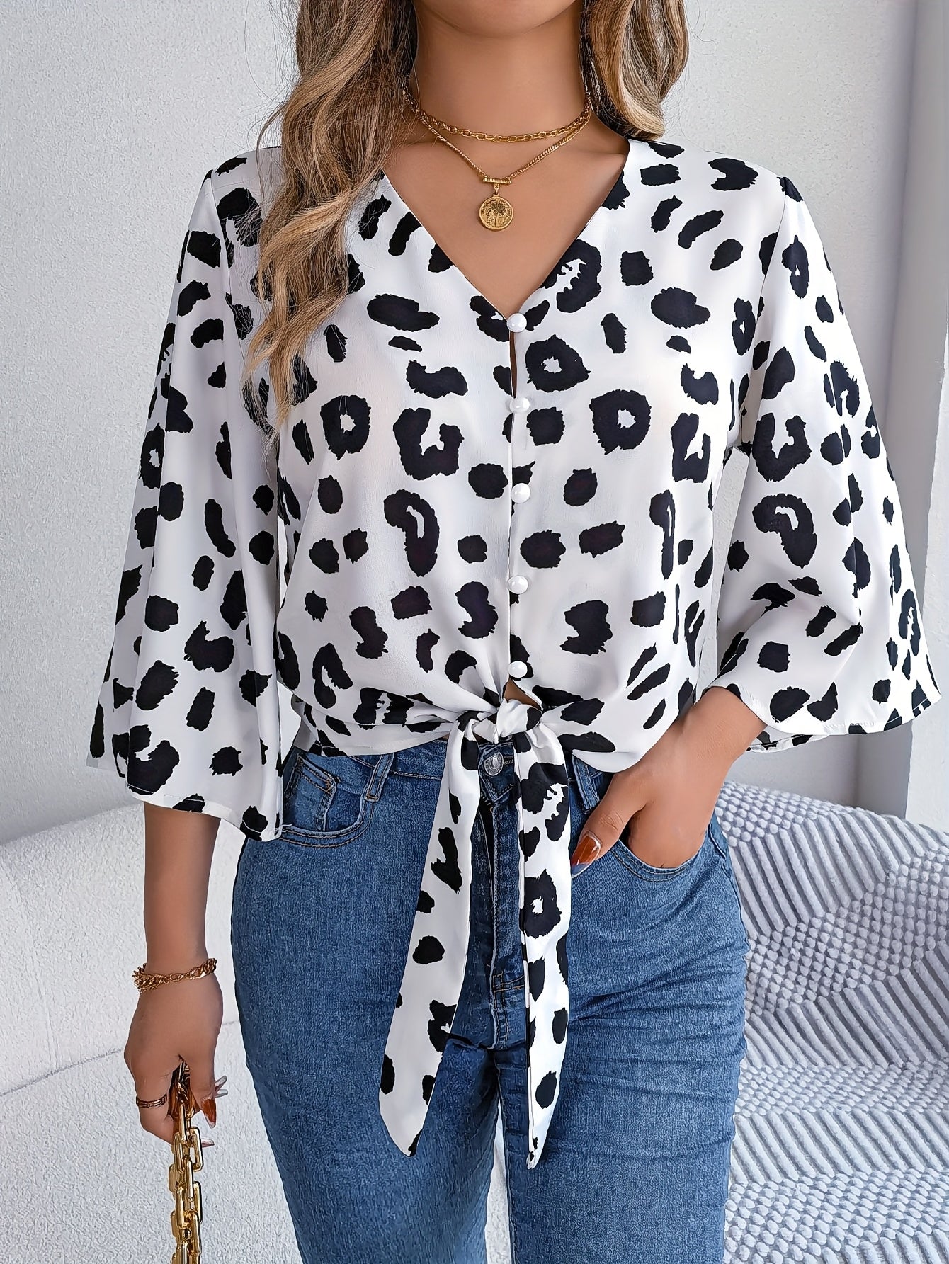 [Leopard Print Tied Bow Top] Elegant Leopard Print Spring & Summer Casual Women's Tied Bow Top