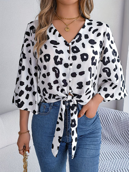 [Leopard Print Tied Bow Top] Elegant Leopard Print Spring & Summer Casual Women's Tied Bow Top