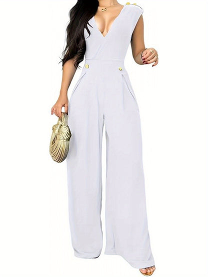 [Everyday Elegance] Elegant Sleeveless V-Neck Jumpsuit for Women - High Waist, Wide Leg, Full Length Romper with Golden Button Details, Black, Casual to Dressy Outfit for Everyday or Special Occasions, Versatile Outfit | Gold