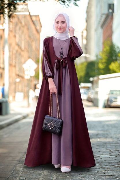 Ramadan Elegant Tie Front Kaftan Dress - Abayas with Long Sleeve, Maxi Length, Color Block Design, Women's Clothing for Special Occasions - Classic, Modest, and Chic Fashion