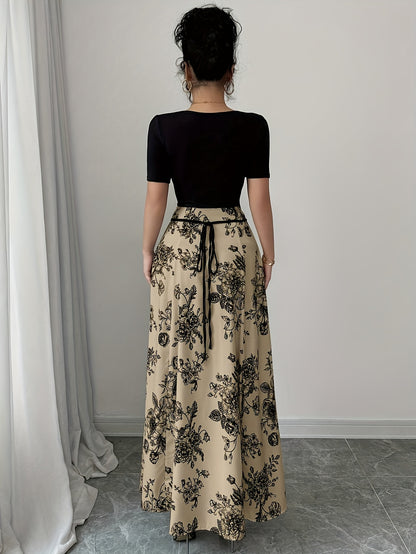 Retro Square Neck Short Sleeved Printed High Waisted And Stylish Elegant Dress