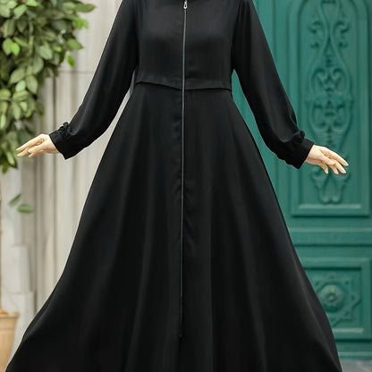 Elegant Zippered Long Robe 8033-1 for Women, 100% Polyester Solid Color, All-Season Long-Length Dress with Zipper Detail, Woven Fabric, 130g/m² Weight
