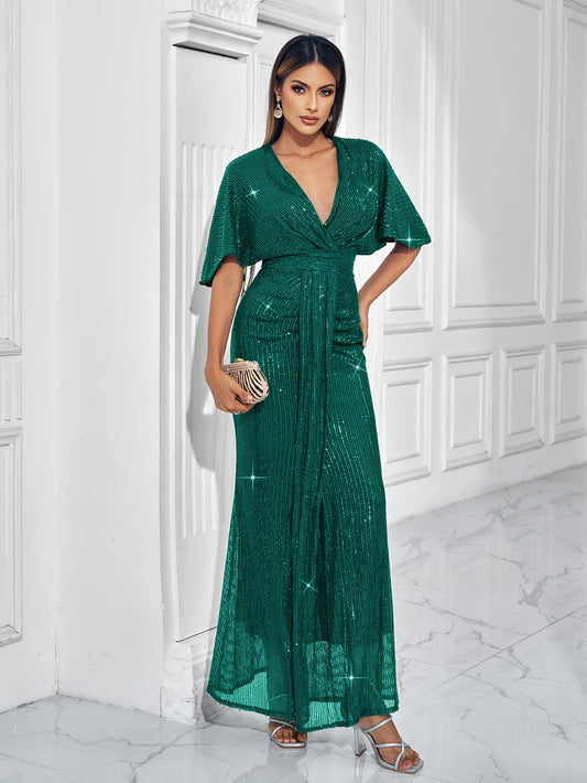 Sparkling V-neck Waist Cinched Dress