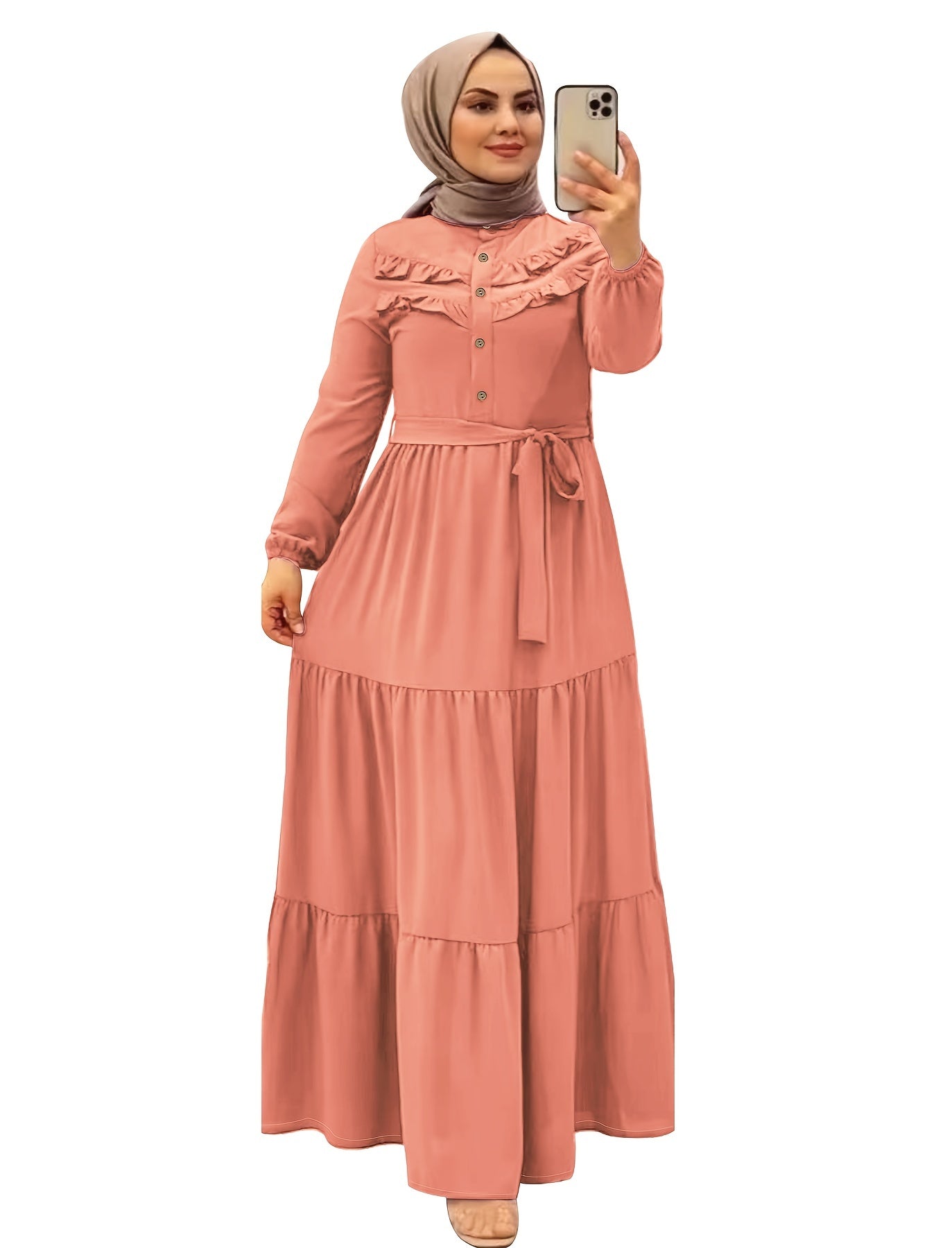 [Light Green Maxi Dress] Casual Light Green Polyester Maxi Dress - Elegant Solid Color with Ruffle Hem & Button Detail, Machine Washable - Hijab Not Included