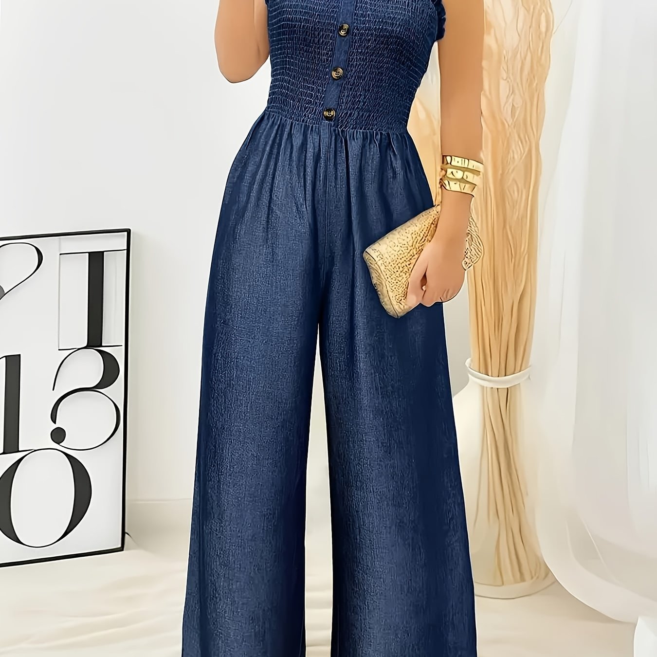 Women's One-piece Overalls Romper Smocked Front Wide Pants Jumpsuit